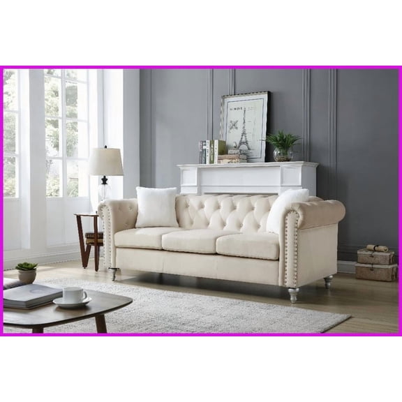 Raisa Classic Faux Jeweled Tufted Micro Suede Velvet Sofa - Beige Luxury Living Room Piece with Nailhead Trim
