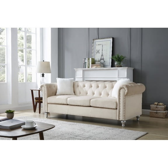 Modern Beige Micro Suede Sofa 220cm with Handcrafted Details
