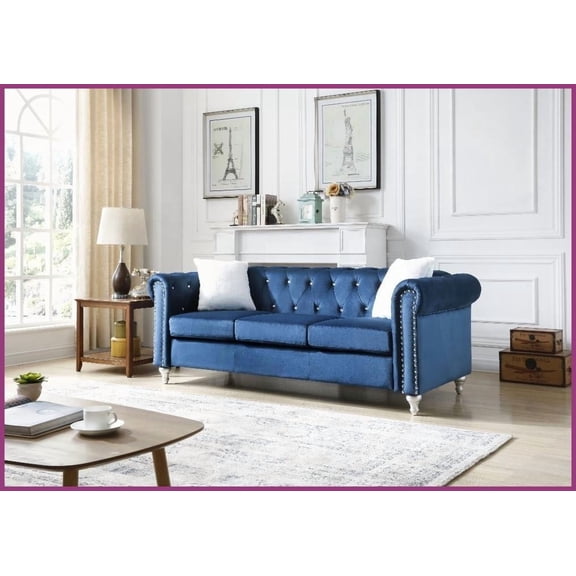 Raisa Navy Blue Classic Micro Suede Velvet Sofa with Faux Jeweled Tufting & Nailheads for Living Room