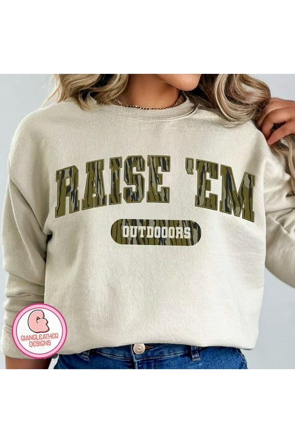 Raise ’Em Right Camo Sweatshirt, Hunting Themed Varsity Crewneck, Duck Hunting Old School Camo Pullover