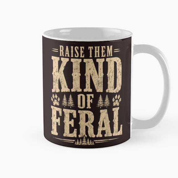 Raise Them Kind of Feral Pine Trees and Paw Prints Coffee Mug, 11oz Ceramic, Rustic Distressed Artwork