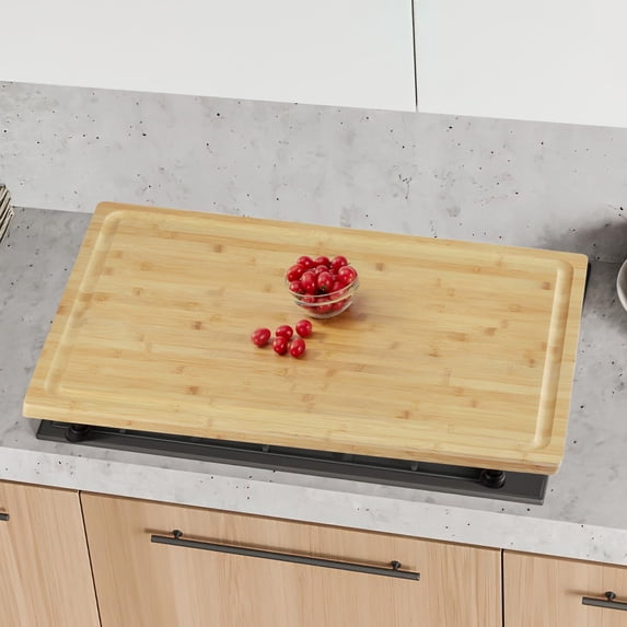 Raised Bamboo Stovetop Cutting Board 30x20" – Adjustable Legs, Juice Grooves, Dual-Purpose Chopping Block for Electric & Gas Stoves, RV/Camper Sink Cover, Easy to Clean
