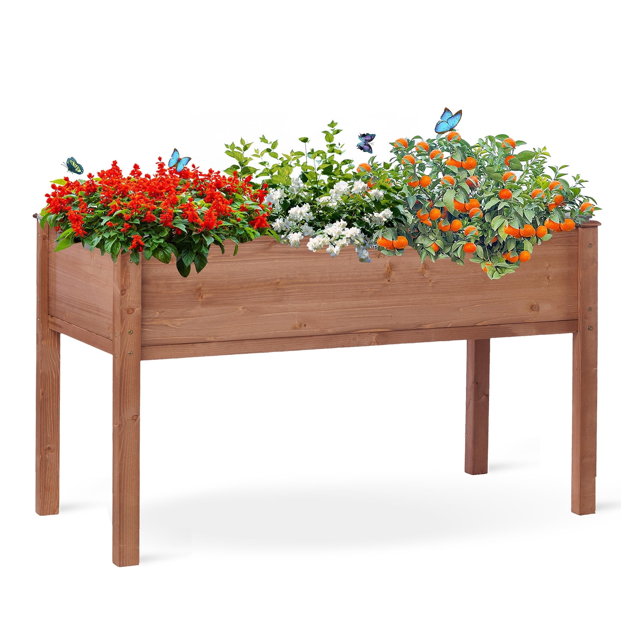 Raised Beds for Gardening, Outdoor Garden Bed Wooden W/Legs, Above Ground Elevated Flower Shrub Bed wiith Linner, Brown 48 x 24 x 30''