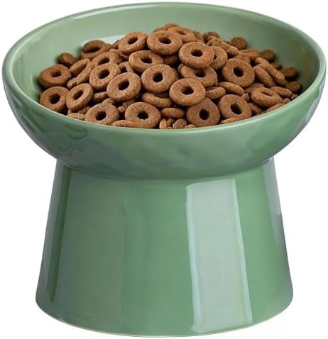 Raised Cat Bowl, Elevated Cat Food Bowls with Tilted Angle, Stress Free, Anti Vomiting, Ceramic Water Bowl for Cats Small Dogs Feeding Dish, 8 Ounces (Green-1)