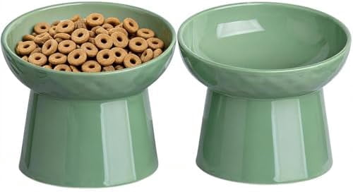Raised Cat Bowl, Elevated Cat Food Bowls with Tilted Angle, Stress Free, Anti Vomiting, Ceramic Water Bowl for Cats Small Dogs Feeding Dish, 8 Ounces (Green-2)