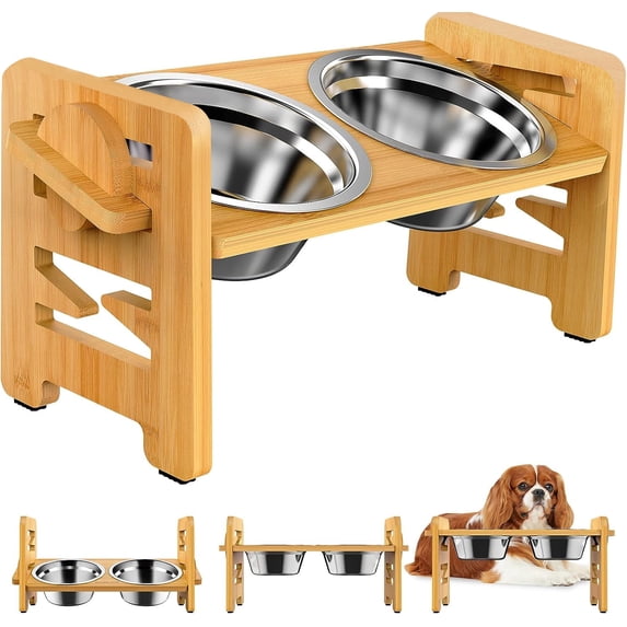 Raised Cat Bowl Stand, Dinosam Elevated Cat Bowls, 6 Heights Adjustable Elevated Dog Bowls with 10oz 2 Stainless Steel, Adjusts to Heights 2.95"-6.89"