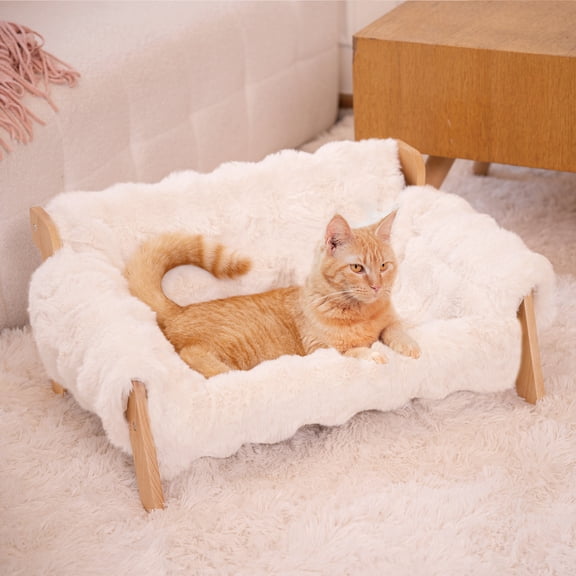 CheerPals Raised Cat Bed, Elevated Wooden Cats Sofa Fluffy Pets Lounge Chair, off-White(27.2"X18.6"X11.8)
