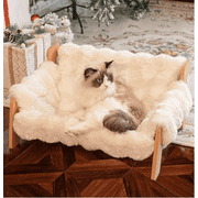 Raised Pet Couch Bed, Elevated Wooden Pet Sofa Recliner Fluffy Pet Lounge Chair Suitable for Dog Cat Pet, Off-White(27.2"X18.6"X11.8)