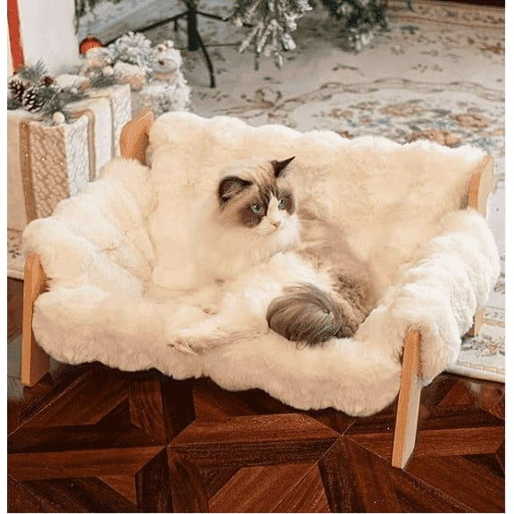 CheerPals Raised Cat Bed, Elevated Wooden Cats Sofa Fluffy Pets Lounge Chair, off-White(27.2"X18.6"X11.8)
