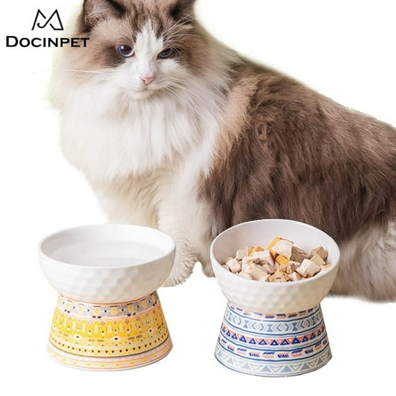 Raised Cat Food Bowls - Ceramic Tilted Cat Food and Water Bowl Set - Elevated Pet Feeding Bowls Stress Free for Kitten Elder Cats Small Dogs, Anti Vomiting, Neck Protection