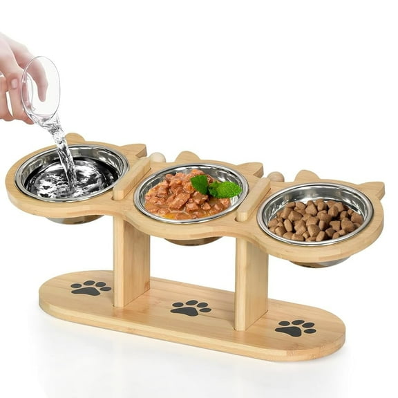 Adjustable Height Stainless Steel Elevated Food & Water Bowl Set with Bamboo Shelf for Cats, (3 Pack)