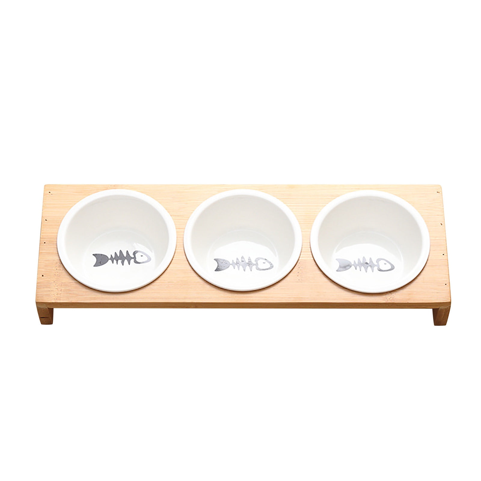 Raised Cat Food Water Bowl Elevated Tilted Kitty Dishes Set of 3 Ceramic Dish for Indoor Cats Orthopedic Pet Food Stand Anti Vomiting 3 Bowl Cat Feeder Easy Assembly(Wood Color)