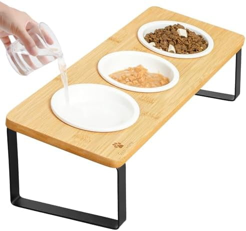 Raised Cat Food Water Bowl Elevated Tilted Kitty Dishes Set of 3 Ceramic Dish for Indoor Cats Orthopedic Pet Food Stand Reduces Vomiting 3 Bowl Cat Feeder Easy Assembly(Wood Color)