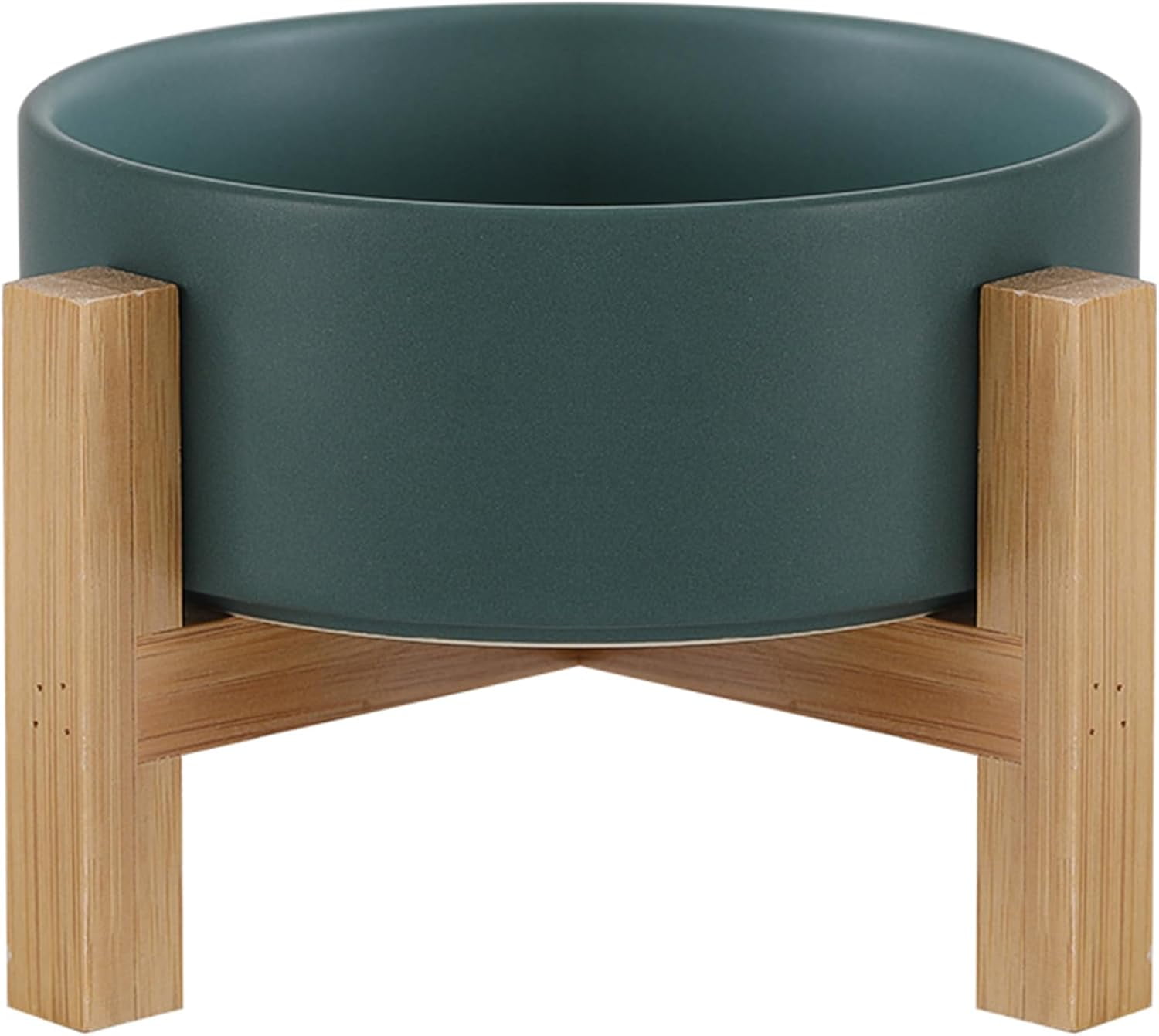 Raised Ceramic Cat Bowl - Cat Food Bowl with Bamboo Stand - Elevated Dog Food Dish for Puppies - Comfort Eating - 13.5 oz - 400 ml - Green