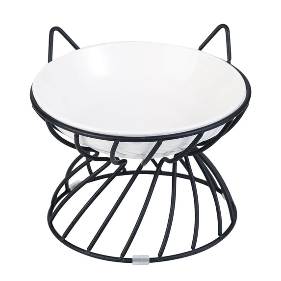 Raised Ceramic Cat Food Bowl - Elevated Cat Dish with Anti Slip Metal Stand - Wide Shallow Cat Bowl Whisker Friendly - Small Cat Plate - Cute Cat Feeding Bowls - Microwave and Dishwasher Safe - 8 oz