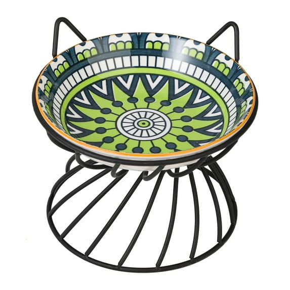 Raised Ceramic Cat Food Bowl - Elevated Cat Dish with Anti Slip Metal Stand - Wide Shallow Cat Bowl Whisker Friendly - Small Cat Plate - Cute Cat Feeding Bowls - Microwave and Dishwasher Safe - 8 oz