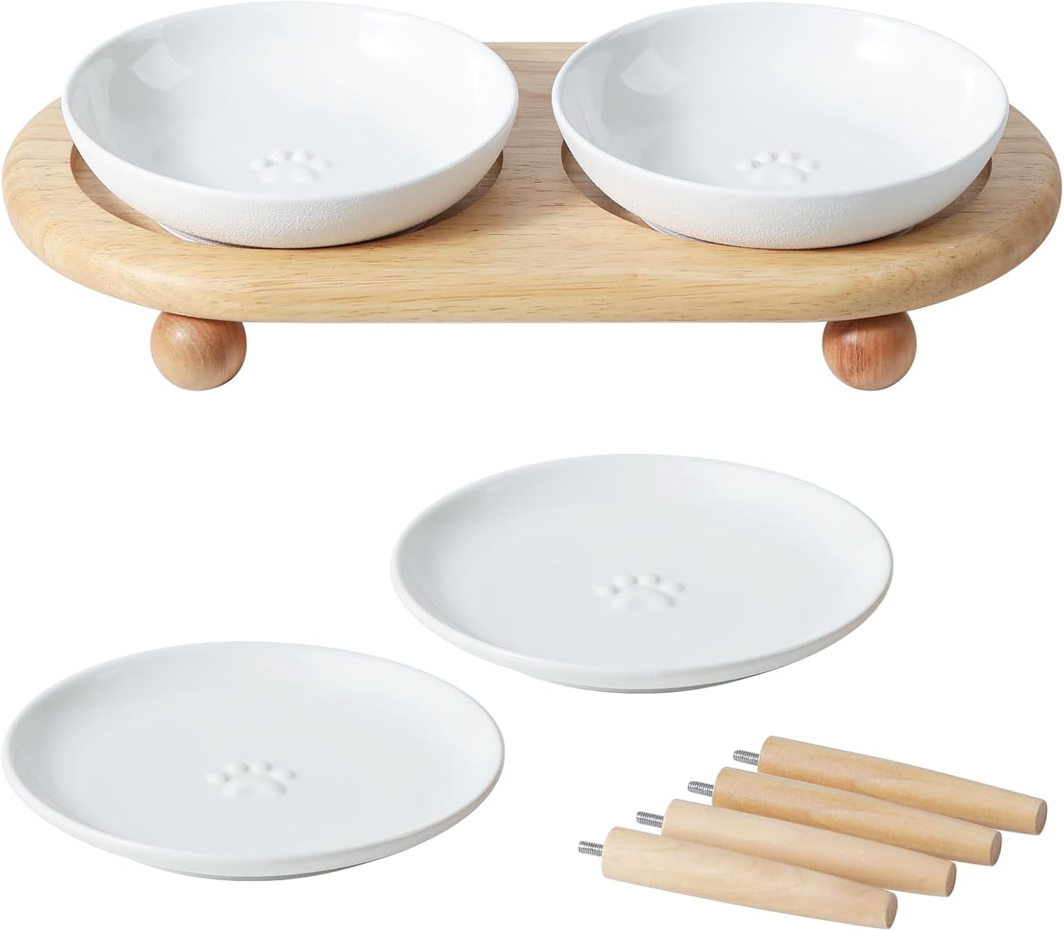Raised Ceramic Wide Whisker Friendly Cat Dishes, Food and Water Bowl Set with Adjustable Stand, Anti-Whisker Fatigue, 2 Dishes and 2 Shallow Dishes
