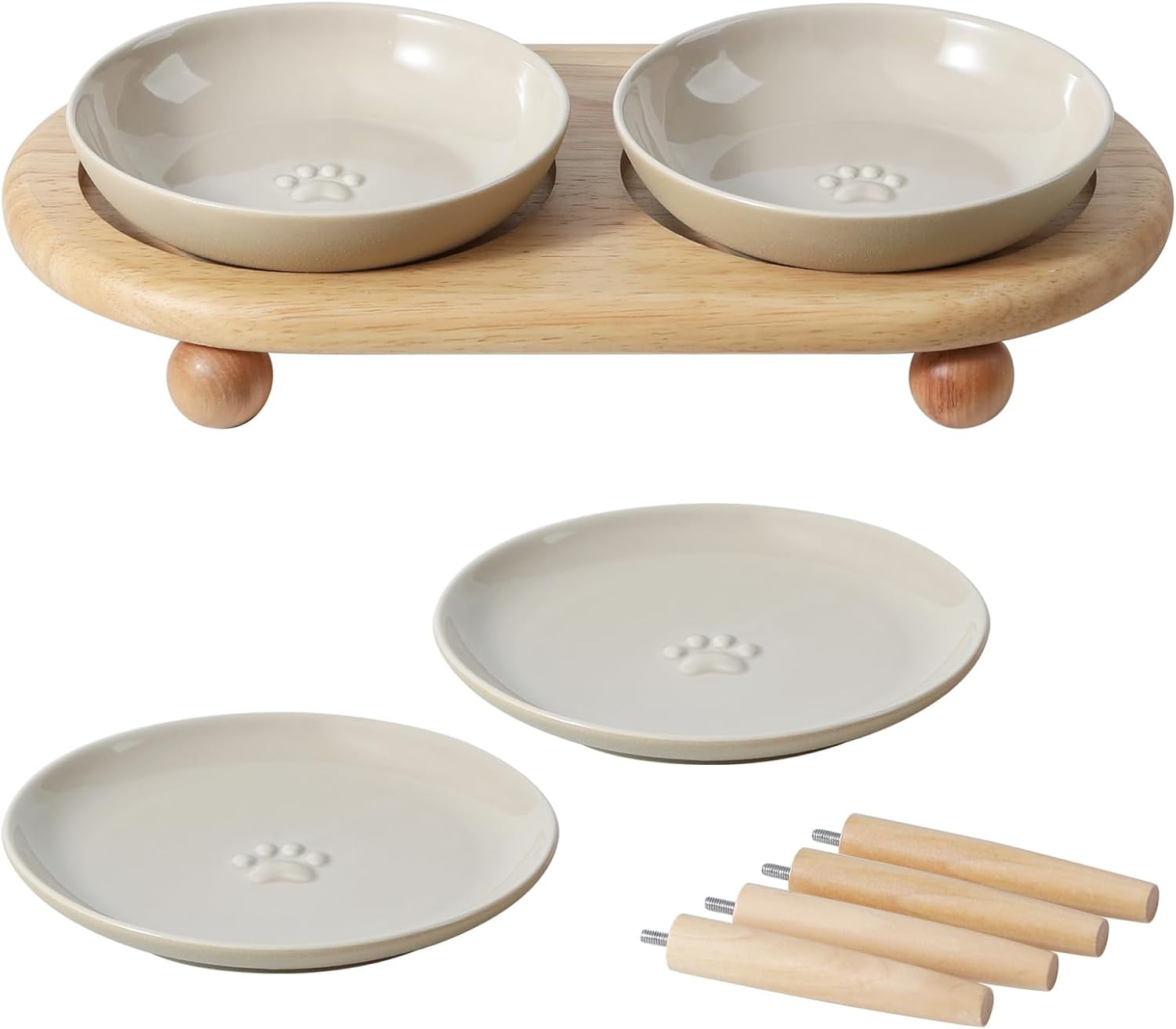 Raised Ceramic Wide Whisker Friendly Cat Dishes, Food and Water Bowl Set with Adjustable Stand, Anti-Whisker Fatigue, 2 Dishes and 2 Shallow Dishes