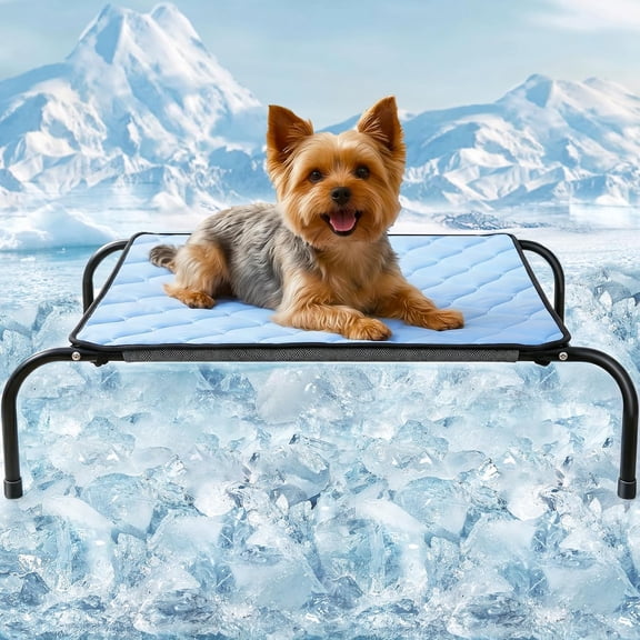 Raised Cooling Dog Cot Bed with Reversible Ice Silk Mat for Large Dogs, Elevated Dog Bed with Durable Steel Frame & Sturdy Teslin Mesh