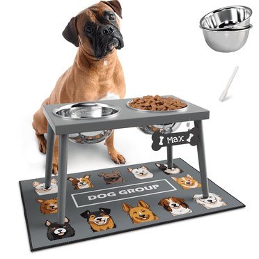 Raised Dog Bowl Stand for Large Dogs, Gray Stronger Elevated Dog Bowls with Sprill Proof Mat, Dog Food & Water Bowls 10" Tall Dog Feeder (58OZ-Stainless Steel Dog Bowls, Mat-16x24)