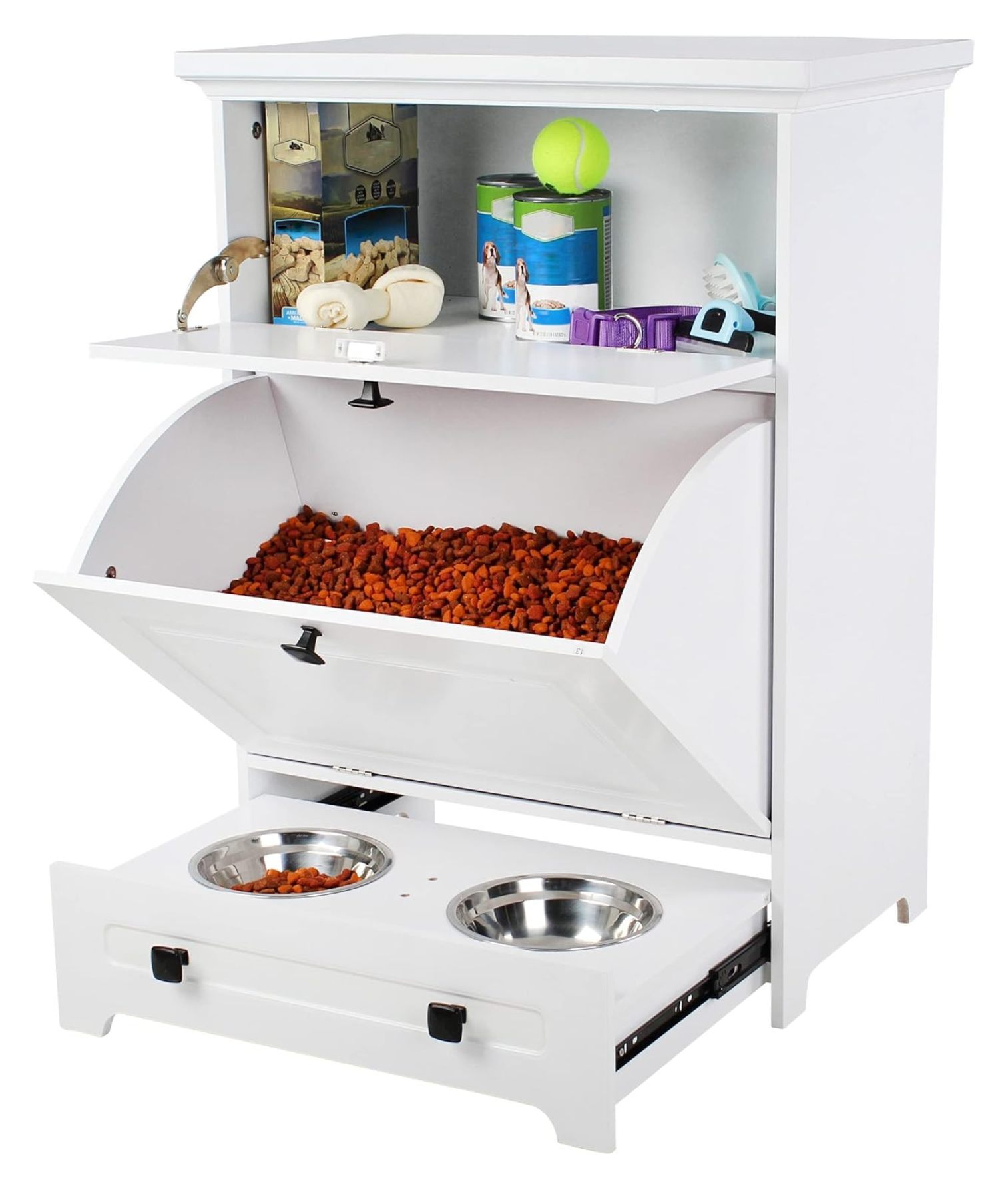 Raised Dog Bowl Stand with Storage White Dog Feeder Station