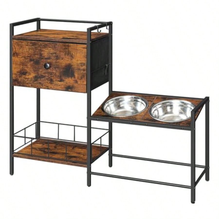 Raised Dog Bowls Elevated Dog Bowl Stand With 3 Heights Adjustable 2 Stainless Steel Bowls For Large Medium Breeds Dogs Feeding Station With Storage Rustic Brown And Black BF22PO03