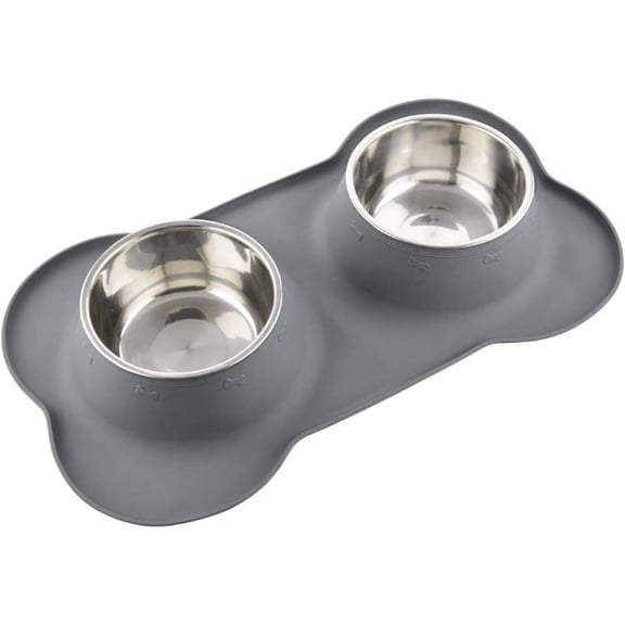 Raised Dog Bowls with Stand – No-Spill Stainless Steel Bowls & Non-Skid Mat – 4-Cup Elevated Feeder – Reduces Neck Strain for Dogs of All Sizes (Gray)