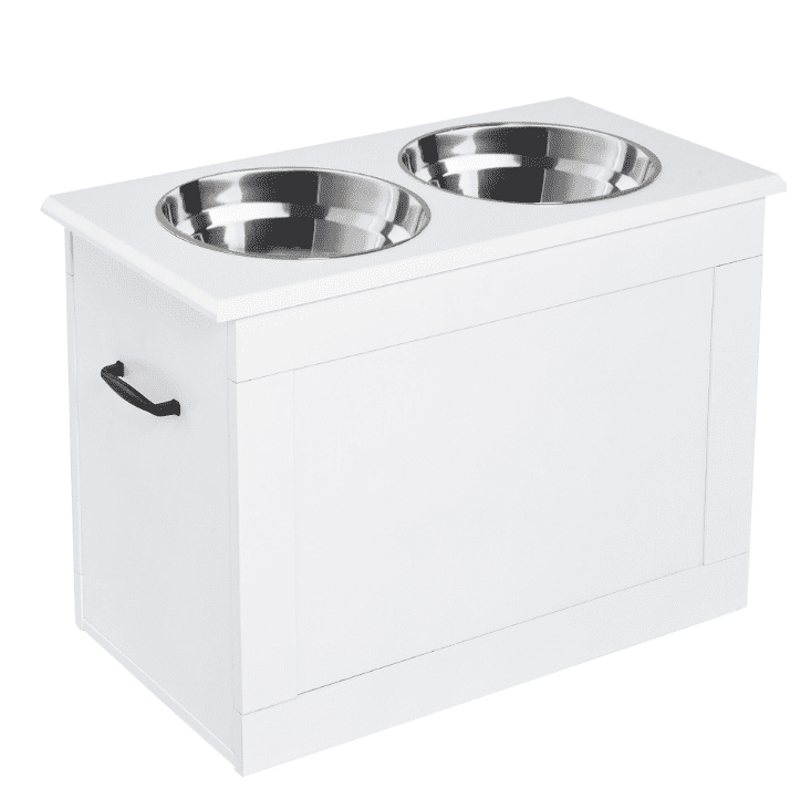 Raised Dog Bowls for Large Dogs, Elevated Pet Feeder Station with Storage, 2 Stainless Steel Bowls, White