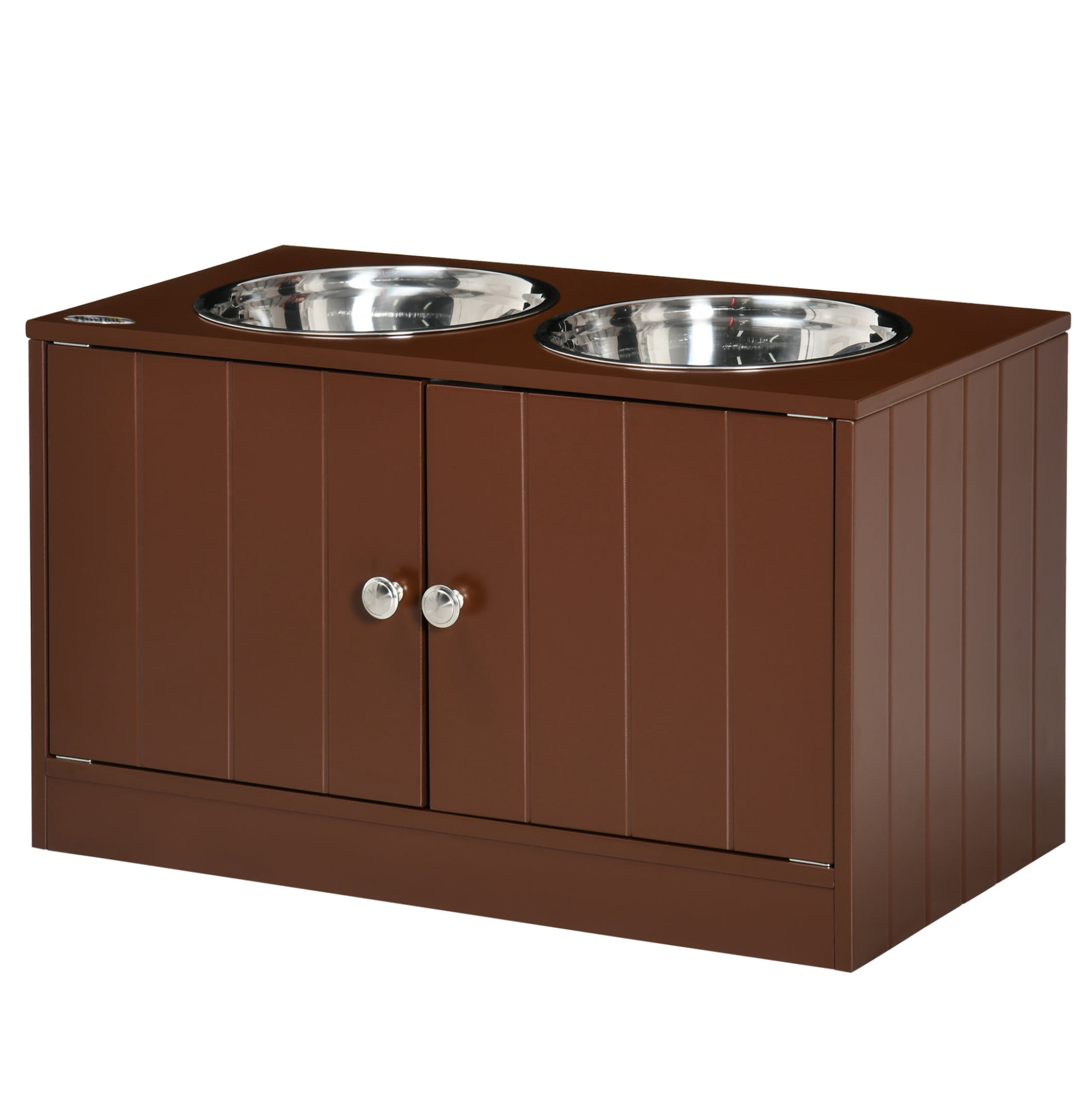 Raised Dog Bowls with Storage, Dog Bowl Stand with Cabinet, Stainless Steel Pet Feeder, Elevated Dog Food Bowl Station for Large Dogs, Brown