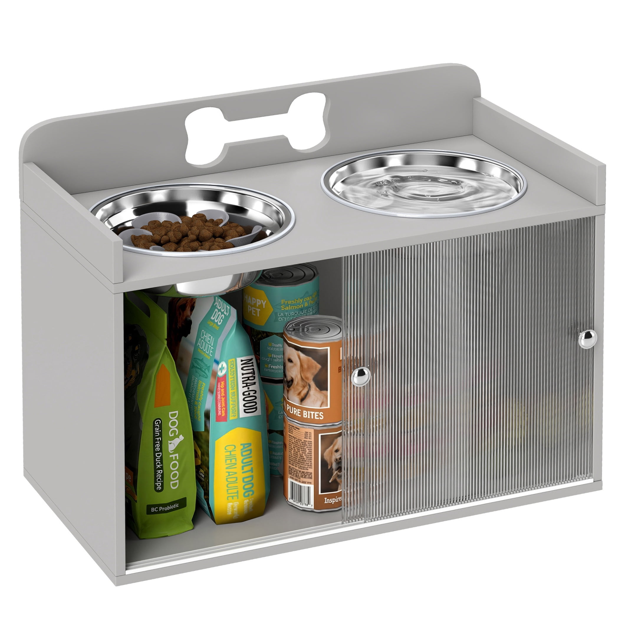 Raised Dog Bowls with Storage, Elevated Dog Feeder Stand with 2 Stainless Steel Bowls for Large Dogs, Gray - Ergonomic & Stable Pet Bowl Organizer