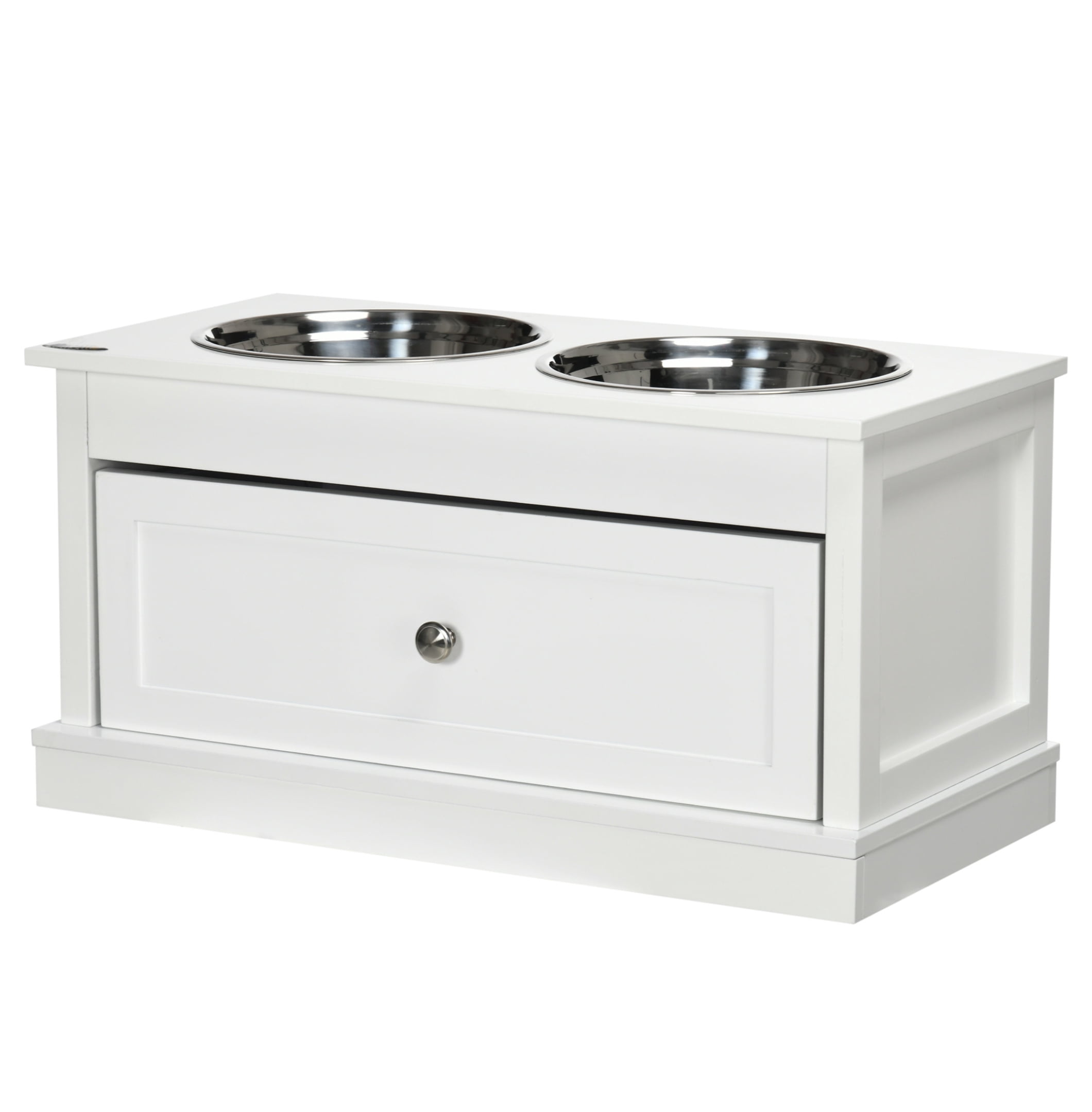 Raised Dog Bowls with Storage, Large Elevated Dog Feeder Stand, 11L Capacity, Stainless Steel Bowls, White Pet Feeding Station