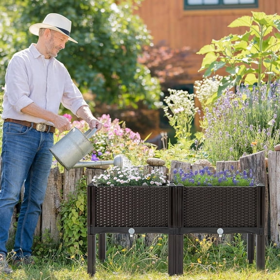 Raised Garden Bed, 2 Planter Box with Removable Legs & Brackets, Self-Watering System, Drainage Holes, Outdoor Raised Beds for Gardening, Veggie, Herb, Flower, Herbs, Easy Assembly
