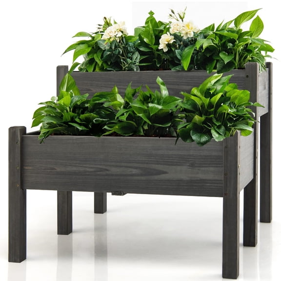 Raised Garden Bed, 2-Tier Elevated Planter Box with Legs, Fir Wood Outdoor Plant Stand, Large 31.5x15x6.5 Inch Each Tier, 8 Drainage Holes, 3.5 cu ft Soil Capacity, for Backyard, Patio, Balcony, Gray