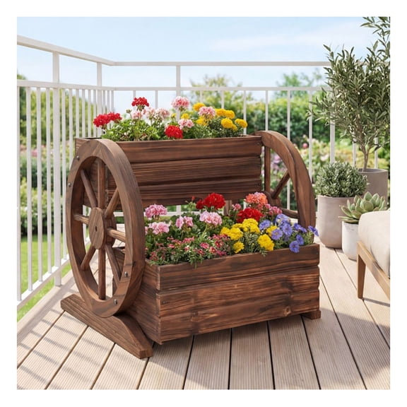 Raised Garden Bed 2-Tier Wagon Planter, Fir Wood Outdoor Flower Box with Wheels & Drainage