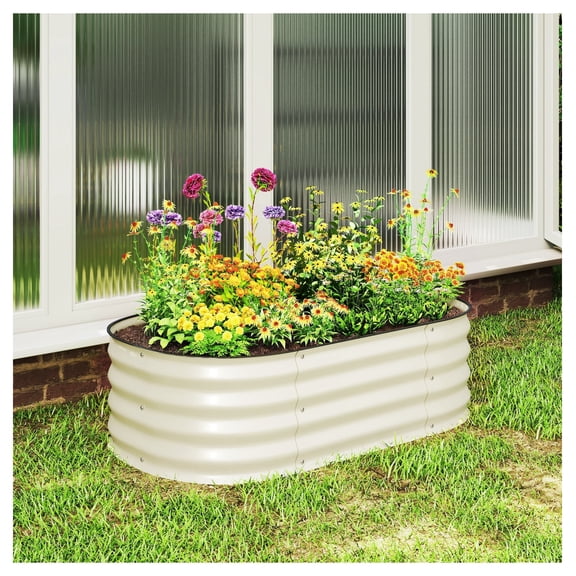Raised Garden Bed 3.4'x2'x1', Galvanized Metal Planter Box, Cream Finish, Safe Edging, Modular Design for Flowers & Vegetables, Outdoor Plant Container