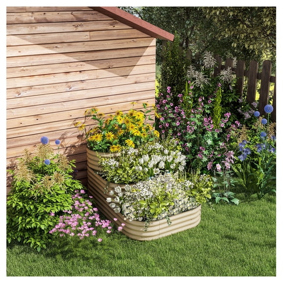 Raised Garden Bed 3-Tier, Metal Planter Box for Vegetables, Herbs, Flowers, 62.25x43x32.25", Cream