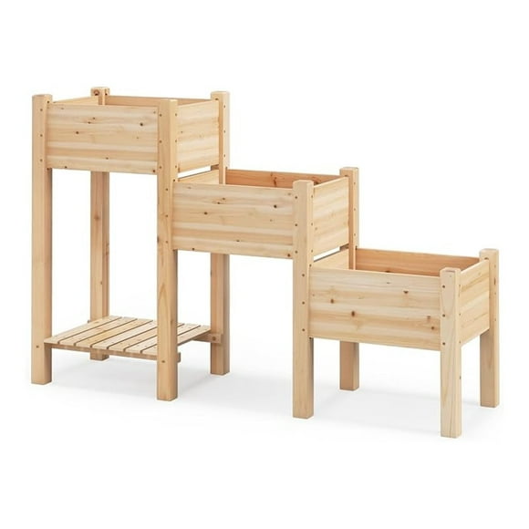Raised Garden Bed 3-Tier Wooden Elevated Planter, Outdoor Vegetable Flower Boxes with Drainage & Shelf, Natural Finish