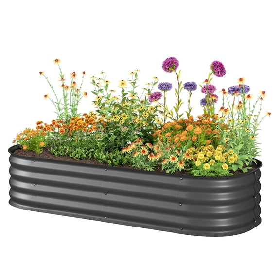 Raised Garden Bed 4.9x2x1ft, Galvanized Metal Planter Box, Dark Gray, Modular Kit, Safety Edging, Outdoor Flower Vegetable Herb Growing, Easy Assembly