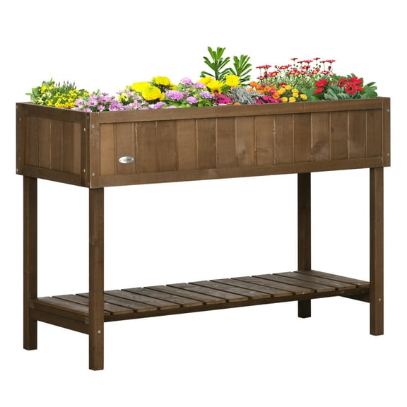 Raised Garden Bed 43x18x30in, Elevated Planter Box with 8 Pockets & Shelf, Wooden Herb Vegetable Flower Grow Box, Dark Brown