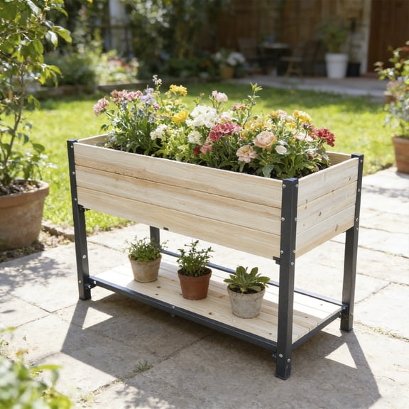 Raised Garden Bed 44 Inch with Iron Frame and Reversible Panels Natural