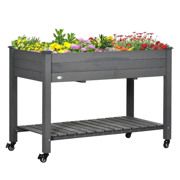 Raised Garden Bed, 47" x 22" x 33", Elevated Wooden Planter Box with Lockable Wheels, Storage Shelf, and Bed Liner for Backyard, Patio, Dark Gray