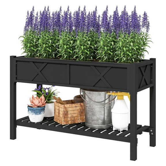Raised Garden Bed 47x22x31.5in - Elevated Wood Planter Box with Shelf, Black