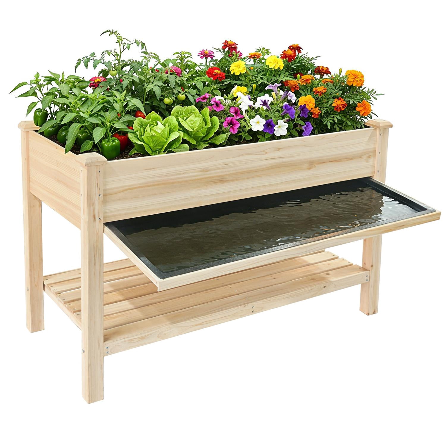 Raised Garden Bed 48x23x31.1 Inch, Elevated Wood Planter with Water Collection Tray & Storage Shelf, Outdoor Garden Box for Vegetables, Herbs, Flowers, Natural