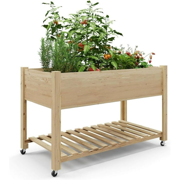 Raised Garden Bed 48x24x30 in Mobile Elevated Wood Planter Raised Beds w/Lockable Wheels, Storage Shelf, and Protective Liner for Indoor/Outdoor Gardening