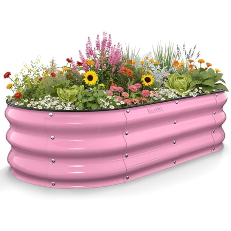 Raised Garden Bed, 4x2x1 FT Galvanized Steel Metal Raised Garden Bed, Oval Open-Bottom Design, 12-Inch Deep for Outdoor Vegetable & Herb Gardening, Blushing Pink