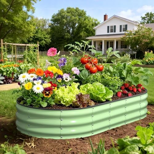 Raised Garden Bed 6×3×1 FT, Galvanized Raised Planter Box, Oval Vegetable Planting Container with Safety Edge Trim, Fruit Green for Backyard Fence Line Side Yard Family Gardening