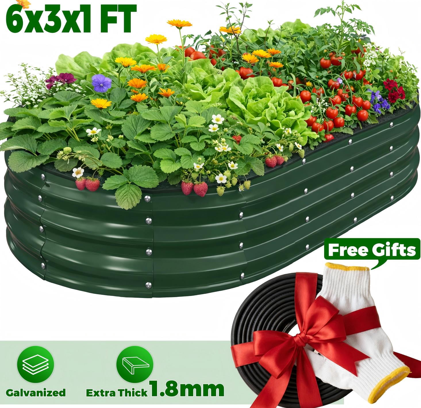 Raised Garden Bed, Younik 6x3x1ft Galvanized Garden Planter Box with Safety Edging and Gloves for Outdoor Plant Vegetables, Fruits, Flower, Dark Green