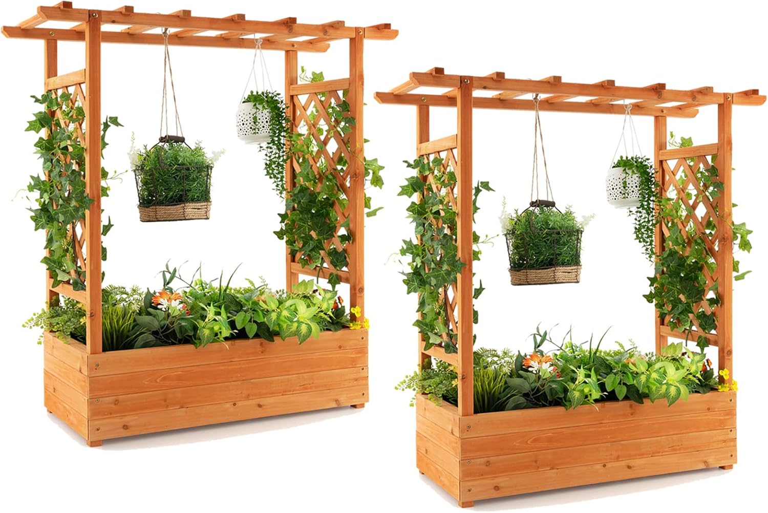 Raised Garden Bed with Arch Trellis, Wood Planter Box with Hanging Roof ...
