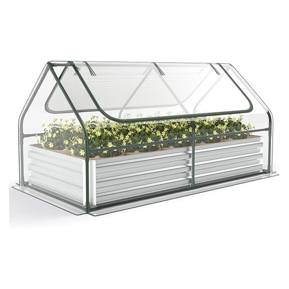 Raised Garden Bed with Cover, 6FT x 3FT x 3FT Galvanized Bottomless Garden Bed with Greenhouse, Dual 2-Tier Roll-Up Windows, Easy Venting & Watering, Outdoor Metal Planter Box Kit with Cover