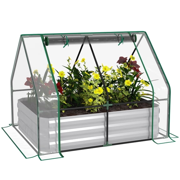 Raised Garden Bed with Cover, Outdoor Galvanized Metal Planter Box Kit, 4 x 3 ft Mini Greenhouse with 2 Large Screen Windows, for Growing Flowers, Vegetables and Herbs, Clear